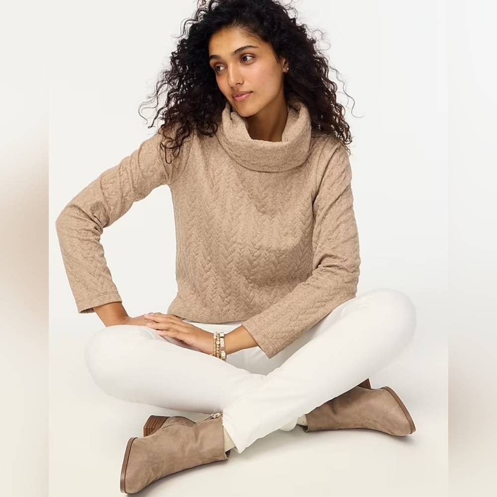 J. Crew "Cable-Knit Cowlneck Top" Cream Turtleneck Sweater | Women's Size XS - Picture 3 of 13